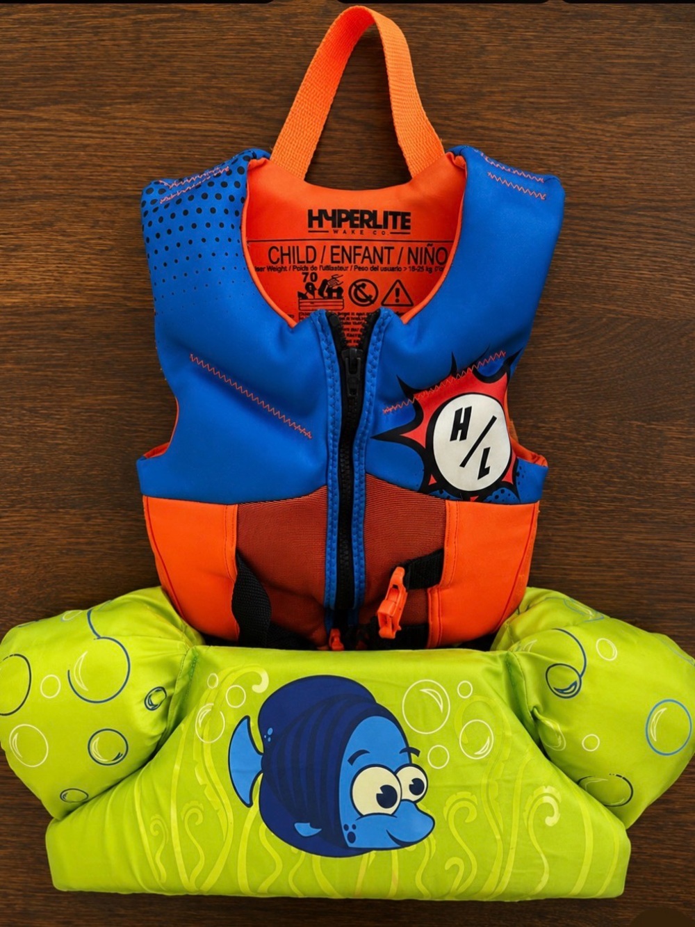 Hyperlite Kids Swim Vest with Green Fish Float - Blue & Orange